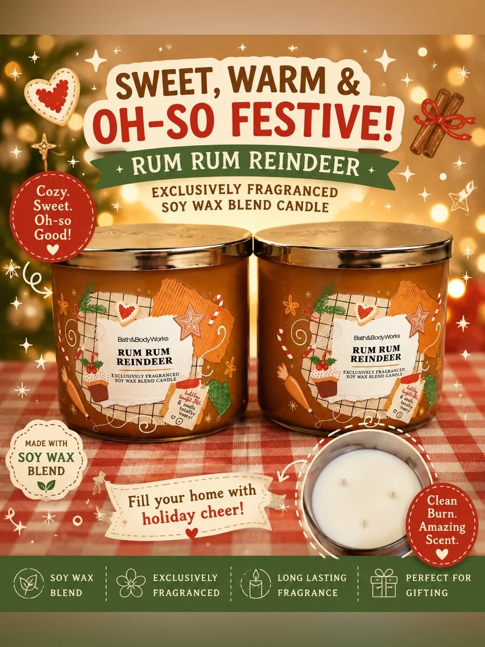 Bath & Body Works Rm Rm Reindeer 3-Wick Candle Set (2)